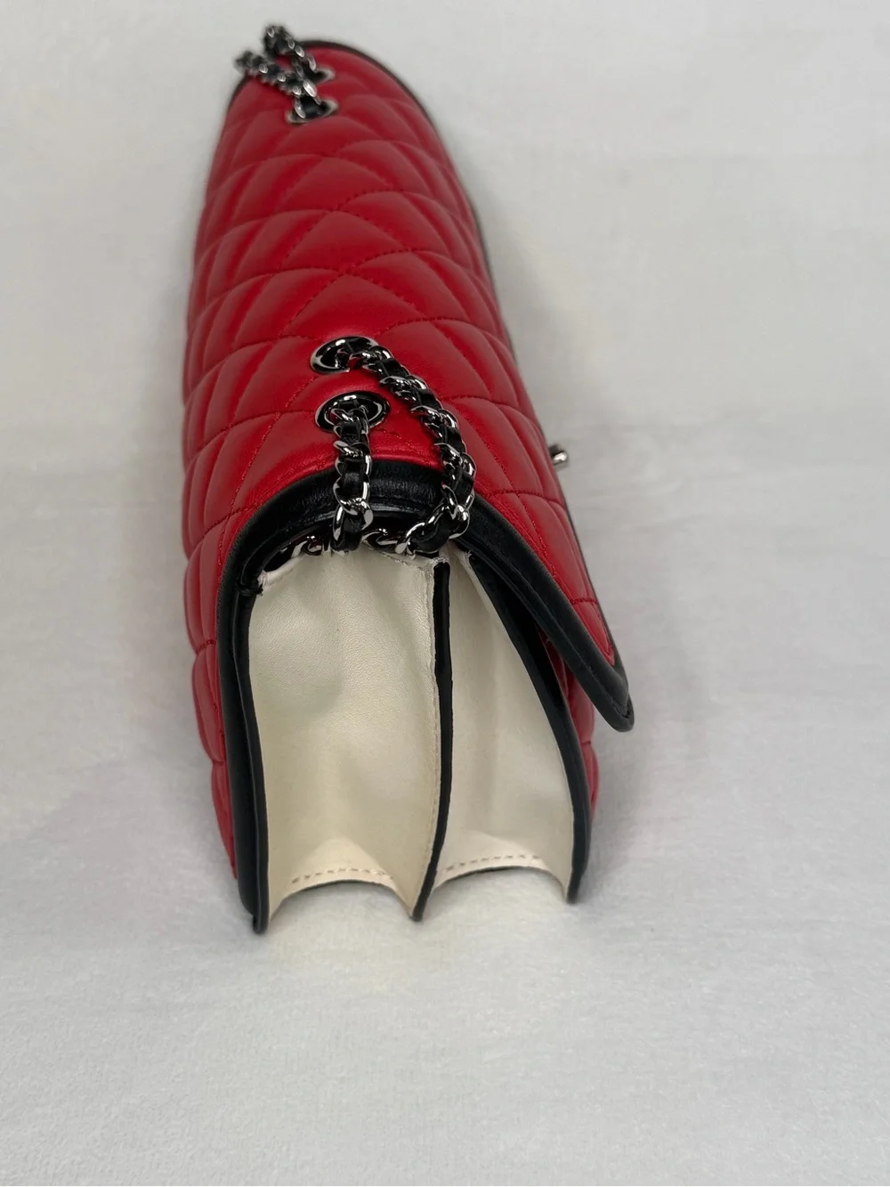CHANEL Red, Black, and White Quilted Lambskin Single Flap Bag with Chain Strap